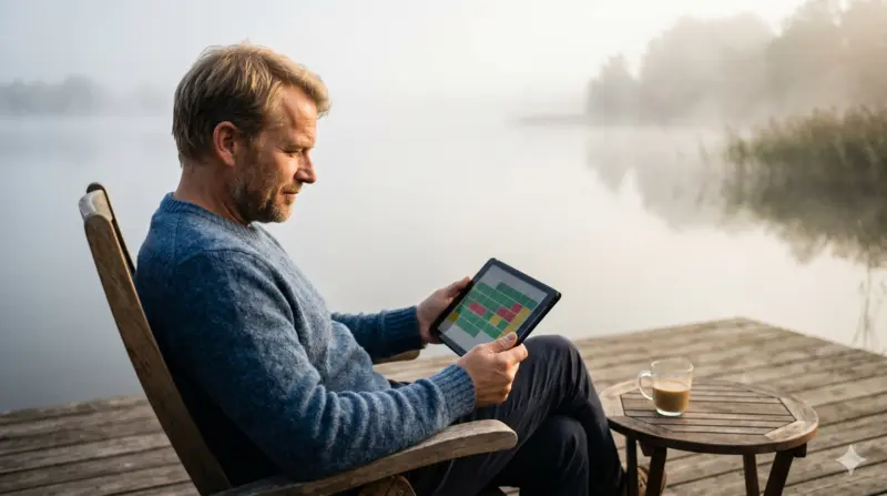 Channel Manager Ferienwohnung - Gastgeber prueft die Belegung am Tablet auf der Terrasse am See