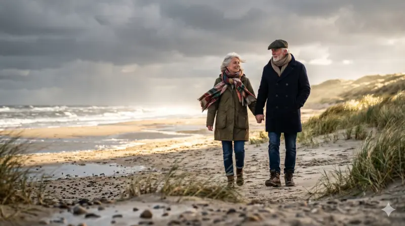 Ferienwohnung vermarkten in der Nebensaison - Gäste beim Herbstspaziergang an der norddeutschen Küste