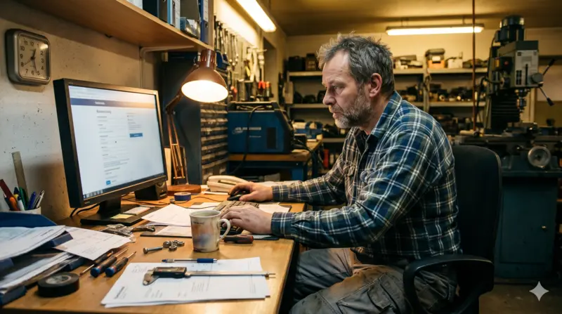 GEO Optimierung selbst machen – Handwerks-Inhaber pflegt im Werkstattbüro konzentriert sein Unternehmensprofil