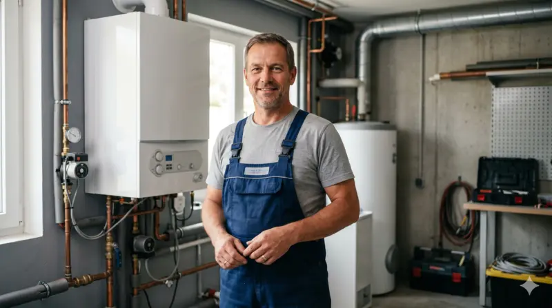 GEO Optimierung Handwerker – SHK-Installateur vor moderner Heizungsanlage mit vertrauenswürdigem Blickkontakt