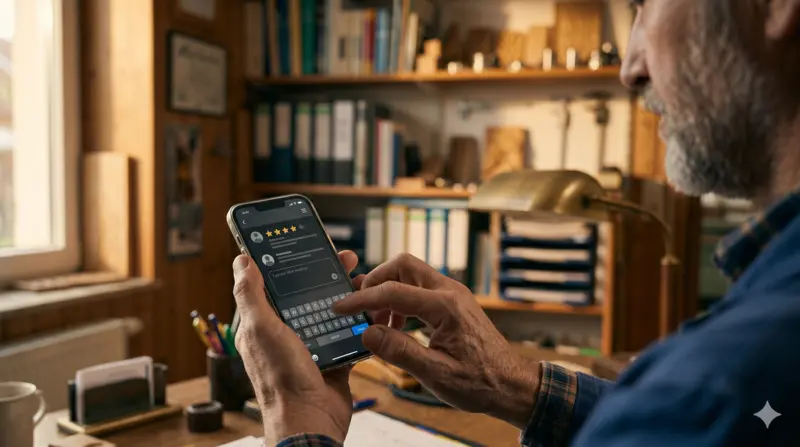 Negative Google-Bewertung Handwerker beantworten - Hand tippt auf Smartphone eine Antwort