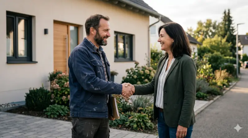 Google-Bewertungen für Handwerker bekommen - Handwerker bittet Kunden beim Übergabe-Handschlag um eine Rezension