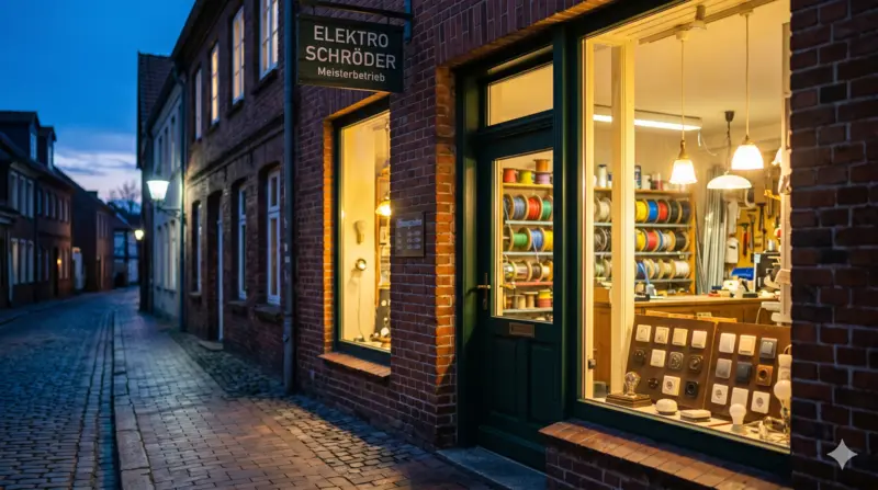 Google Unternehmensprofil Handwerker Elektrobetrieb mit sichtbaren Öffnungszeiten am Eingang