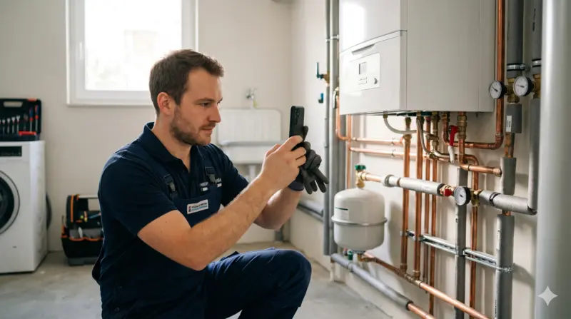 Google Unternehmensprofil optimieren SHK-Monteur fotografiert fertige Heizungsanlage