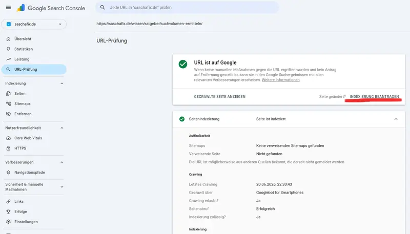 Seite zur Indexierung anmelden im URL-Prüftool der Google Search Console