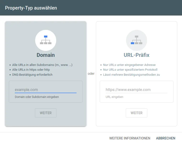 Google Search Console einrichten – Property-Typ Domain oder URL-Präfix auswählen