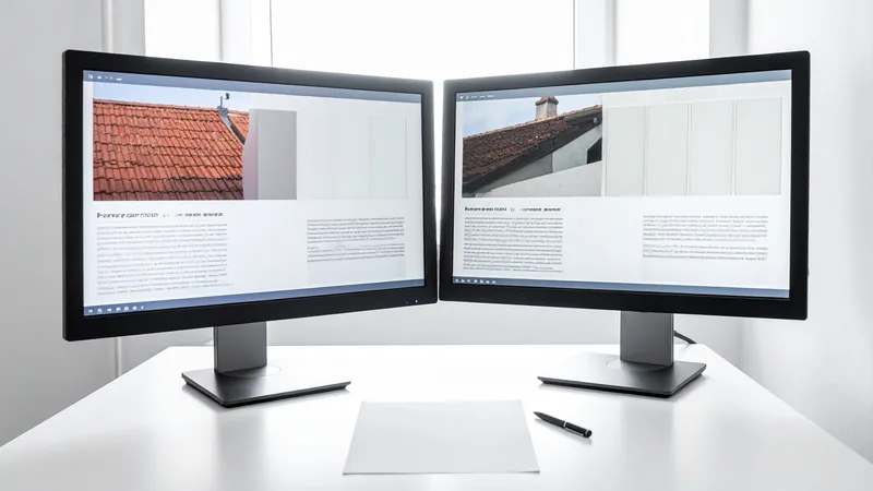 Zwei Ortsseiten nebeneinander auf zwei Monitoren – lokale Landingpages auf zu ähnliche Texte prüfen