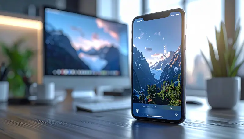 Smartphone im Vordergrund zeigt mobile Website, Desktop-Monitor im Hintergrund zeigt erweiterte Version