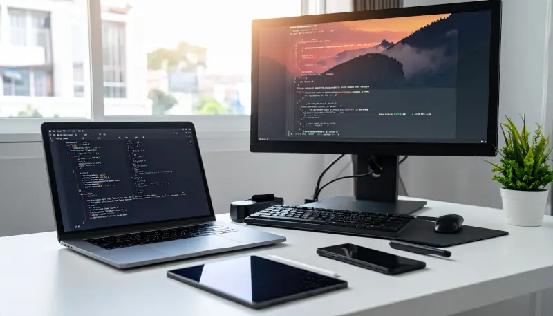 Webentwickler-Arbeitsplatz mit Code-Editor und verschiedenen Geräten zum Testen