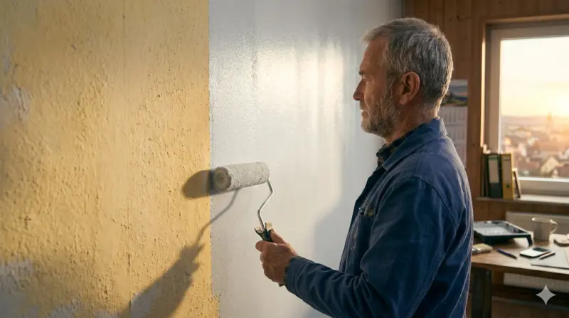 Instagram für Handwerker – Maler streicht Wand mit sichtbarer Vorher-Nachher-Kante als Content-Motiv