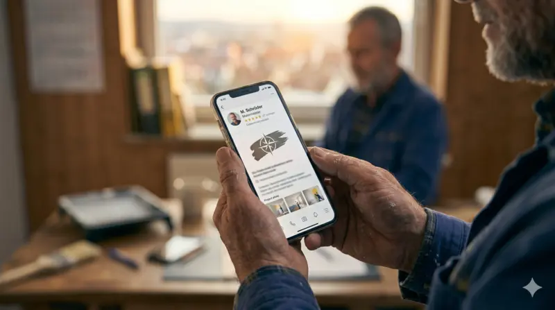 Social-Media-Profil für Handwerksbetrieb erstellen – aufgeräumtes Profil auf dem Smartphone in der Werkstatt