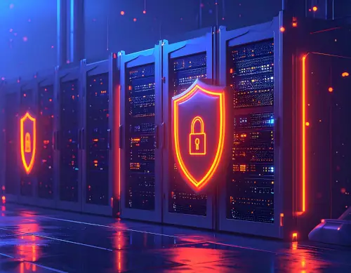 Website-Sicherheit für Unternehmen - Schloss-Symbol und Schutzschild vor Server-Infrastruktur