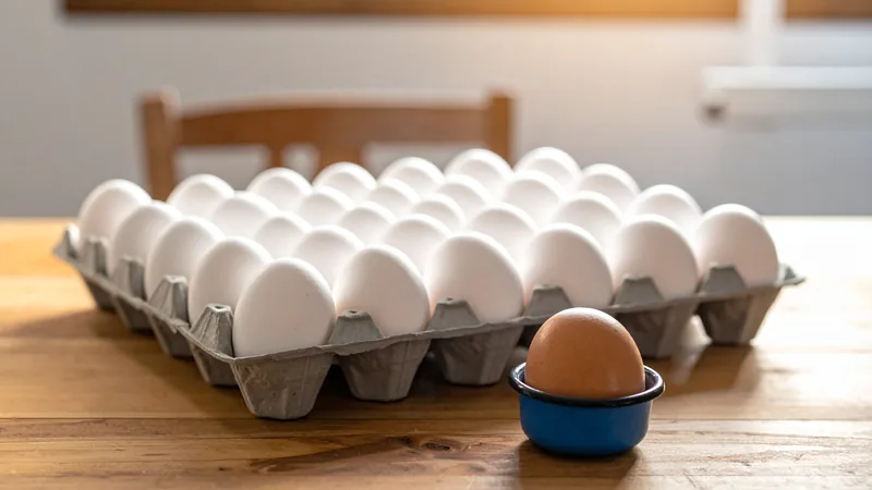 Weiße Eier in der Eierpappe, ein braunes Ei liegt abseits in einer Schale – Schadcode leitet nur bestimmte Besucher weiter