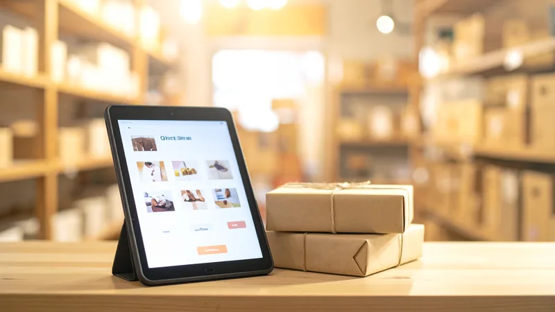 Tablet mit Online-Shop und Päckchen auf dem Ladentresen – bei WordPress bleiben Warenkorb und Kasse ohne Seiten-Cache
